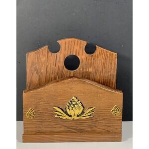 Vintage Wood Napkin Letter Holder Double Sided Metal Accents Gail Craft Japan